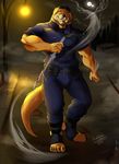  2016 anthro belt biceps blackgate_(game) canine claws clothed clothing digital_media_(artwork) dog fur hair invalid_color male mammal manly night officer police retriver shade_the_wolf smile solo uniform 
