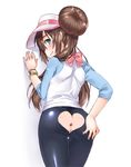  10s 1girl against_wall anus ass ass_cutout ass_grab back blue_eyes blush bow brown_hair cowboy_shot from_behind grabbing_own_ass green_eyes hair_bun hat heart_cutout leggings long_hair looking_at_viewer looking_back mei_(pokemon) no_panties pantyhose pokemon pokemon_(game) pokemon_bw2 raglan_sleeves sato3 sexually_suggestive shiny shiny_clothes shouni_(sato3) simple_background skin_tight smile solo thigh_gap uncensored visor_cap white_background wristwatch 