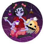  1girl bow extra_arms extra_eyes fangs high_heels insect_girl money monster_girl muffet purple_skin ribbon solo spider_girl tea undertale 