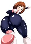  1girl artist_request ass blush blush_stickers bodysuit boku_no_hero_academia boots brown_eyes brown_hair cameltoe from_behind huge_ass looking_at_viewer one_eye_closed open_mouth shiny shiny_clothes shiny_hair skin_tight smile solo uraraka_ochako wink 