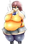  blue_eyes breasts burger eating fat female large_breasts looking_at_viewer obese pink_hair pleated_skirt simple_background skirt solo thick_thighs thighhighs 