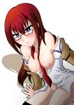 1girl areolae blue_eyes blush breasts breasts_outside breats cum facial glasses long_hair makise_kurisu miton39 nipples open_clothes open_mouth red_hair solo steins;gate 