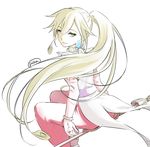  1girl arche_klein arche_klein_(cosplay) bracelet broom brown_hair cosplay earrings elbow_gloves female gloves green_eyes hair_between_eyes magilou_(tales) pants pointy_ears ponytail simple_background solo tales_of_(series) tales_of_berseria tales_of_phantasia very_long_hair white_background 