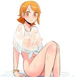  1girl anus blush bottomless breasts eyebrows_visible_through_hair frown nami_(one_piece) nipples one_piece opeipiao orange_eyes orange_hair pussy see-through shirt short_hair solo wet white_background 
