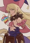  1girl bare_shoulders book breasts brown_hair detached_sleeves fur green_eyes grey_background hat magilou_(tales) open_mouth pointy_ears tales_of_(series) tales_of_berseria very_long_hair witch_hat 