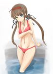  1girl bikini blue_eyes breasts brown_hair cleavage green_eyes head_band heterochromia long_hair looking_at_viewer navel ryoubi_(senran_kagura) senran_kagura solo standing swimsuit tied_hair twintails 