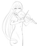  1girl dress instrument magilou_(tales) monochrome pointy_ears tales_of_(series) tales_of_berseria very_long_hair violin 