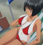  1girl bikini black_hair blue_eyes bra breasts character_request copyright_request dark_skin highres inomaru large_breasts panties short_hair sitting solo stitched tanline 
