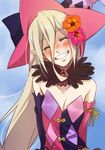  1girl bare_shoulders blush book breasts brown_hair cleavage detached_sleeves eyes_closed flower fur green_eyes hair_between_eyes hat magilou_(tales) open_mouth pointy_ears ribbon tales_of_(series) tales_of_berseria very_long_hair witch_hat 