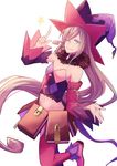  1girl aqua_eyes bare_shoulders brown_hair detached_sleeves fur grin hair_between_eyes hat magilou_(tales) midriff navel one_eye_closed open_mouth pointy_ears ribbon shoes star tales_of_(series) tales_of_berseria thighhighs very_long_hair wink witch_hat 