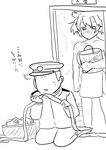  1girl admiral_(kantai_collection) aircraft airplane anger_vein basket blush bucket budget_sarashi clenched_hand clothes_removed clothes_sniffing collar comic commentary doorway embarrassed epaulettes full-face_blush greyscale hair_flaps hat kantai_collection kneeling laundry military military_hat military_uniform mo_(kireinamo) monochrome musashi_(kantai_collection) naked_towel open_mouth peaked_cap sarashi smelling steam sweatdrop towel translated uniform 
