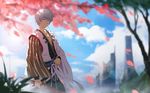  all_male building cangkong clouds gintama gray_hair japanese_clothes male petals red_eyes sakata_gintoki short_hair sword weapon 