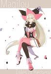  1girl book brown_hair character_name copyright_name detached_sleeves fur green_eyes hair_between_eyes hat magilou_(tales) midriff pointy_ears ribbon shoes smile tales_of_(series) tales_of_berseria thighhighs very_long_hair witch_hat 