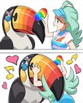  2koma ahoge aqua_hair beans bird biting comic eighth_note elite_four gen_7_pokemon heart instant_loss_2koma kahili_(pokemon) long_hair musical_note open_mouth pokemon pokemon_(creature) pokemon_(game) pokemon_sm protected_link purple_eyes rainbow shirt short_sleeves silent_comic simple_background striped striped_shirt toucan toucannon tsune_kouhii visor_cap vore white_background 