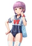  1girl absurdres bag bangs blue_sailor_collar blue_swimsuit bow brown_eyes collarbone covered_navel eyebrows_behind_hair goback hair_flaps hair_ornament hairclip hand_on_hip hand_up highres idolmaster idolmaster_cinderella_girls koshimizu_sachiko looking_at_viewer old_school_swimsuit parted_lips purple_hair red_bow sailor_collar school_bag school_swimsuit school_uniform serafuku shirt short_sleeves simple_background skindentation solo swimsuit swimsuit_under_clothes thighhighs white_background white_legwear white_shirt 