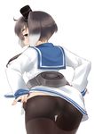  1girl artist_request ass brown_eyes brown_hair cameltoe come_hither from_behind hat kantai_collection leaning leaning_forward looking_back multicolored_hair naughty_face panties panties_under_pantyhose pantyhose pantyhose_pull sailor_dress shiny shiny_hair short_hair_with_long_locks silver_hair smile solo tokitsukaze_(kantai_collection) 