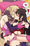  2girls bare_shoulders black_choker black_hair black_sleeves blonde_hair breast_rest breasts carrying choker hat heart hug kiss long_hair magilou_(tales) medium_breasts midriff multiple_girls navel panties pink_panties pointing pointing_at_viewer princess_carry saliva saliva_trail small_breasts spoken_exclamation_mark spoken_heart surprise_kiss surprised tales_of_(series) tales_of_berseria tusia underboob underwear velvet_crowe witch_hat yellow_eyes yuri 