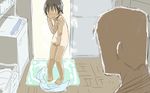  1boy 1girl barefoot blush covering dark_skin indoors nude one-piece_tan original refrigerator satsuyo short_hair tanline washing_machine water wavy_mouth 