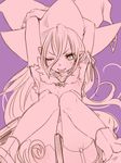  1girl armpits blush book detached_sleeves female fur green_eyes hair_between_eyes hat magilou_(tales) monochrome one_eye_closed pink pointy_ears purple_background ribbon shoes simple_background solo spot_color tales_of_(series) tales_of_berseria thighhighs tongue tongue_out very_long_hair wink witch_hat 