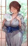  1girl breasts brown_hair c.cu cleavage curvy eyes_closed fan indoors japanese_clothes kimono large_breasts original paper_fan plump solo standing striped striped_kimono yukata 