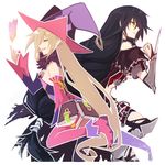  2girls armor bare_shoulders belt black_hair book breasts brown_hair card chains choker coat detached_sleeves fur green_eyes grin hat magilou_(tales) multiple_girls open_mouth pointy_ears shoes tales_of_(series) tales_of_berseria thighhighs torn_clothes underboob velvet_crowe very_long_hair weapon witch_hat yellow_eyes 