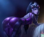  1girl arm_support artist_request ass backless_outfit bent_over bodysuit breasts gloves huge_ass leaning leaning_forward long_hair looking_at_viewer overwatch ponytail purple_hair purple_skin shiny shiny_clothes shiny_hair shiny_skin sideboob skin_tight smile solo very_long_hair widowmaker_(overwatch) yellow_eyes 