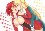  bare_shoulders blonde_hair breast_grab breasts breasts_outside breath closed_eyes dress fingering french_kiss grabbing green_dress highres izetta kiss lactation large_breasts long_hair multiple_girls nipples ortfine_fredericka_von_eylstadt red_dress red_eyes red_hair short_hair shuumatsu_no_izetta sweat tongue tongue_out yuri zuizhong 
