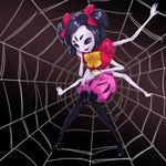  1girl extra_arms extra_eyes fangs high_heels insect_girl monster_girl muffet purple_skin ribbon solo spider_girl tea undertale 