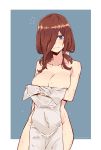  1girl bare_shoulders breast_hold breasts brown_hair cowboy_shot embarrassed flying_sweatdrops fumafu go-toubun_no_hanayome hair_ornament hair_over_one_eye hair_scrunchie highres large_breasts looking_at_viewer medium_hair nakano_miku naked_towel outside_border purple_eyes scrunchie sidelocks simple_background solo towel wavy_mouth wet 