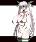  1girl bikini blush breasts cleavage collarbone drifters embarrassed glasses green_eyes hair_ribbon huge_breasts long_hair micro_bikini navel olmine skindentation string_bikini thighhighs twintails white_hair 