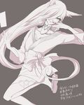  1girl animal_ears blood card choker green_eyes hair_over_one_eye japanese_clothes magilou_(tales) monochrome ribbon tales_of_(series) tales_of_berseria thighhighs very_long_hair 