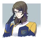  1boy brown_hair glasses gloves green_eyes gundam gundam_tekketsu_no_orphans isurugi_camice long_hair male_focus yoshiragi 