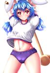  &gt;:) alternate_costume animal_ears arms_up ass_visible_through_thighs bangs blue_hair blush breasts bunny_ears buruma closed_mouth commentary_request cowboy_shot ear_clip groin gym_uniform highres long_hair looking_at_viewer low_twintails mallet midriff navel puffy_short_sleeves puffy_sleeves red_eyes seiran_(touhou) short_sleeves simple_background small_breasts smile solo stomach touhou twintails v-shaped_eyebrows white_background zan_(harukahime) 