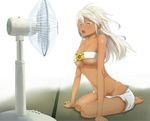  beltbra breasts cleavage dark_skin electric_fan eyelashes guilty_gear guilty_gear_xrd large_breasts long_hair midriff open_mouth orange_eyes ramlethal_valentine shorts sitting solo sweat toima_(beat0829) white_hair 