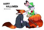  2016 3_toes anthro barefoot bow_tie brown_fur canine claws clothing dipstick_ears dipstick_tail disney dogear218 duo eyes_closed female food fox fruit fur grey_fur halloween hat holding_object holidays jacket judy_hopps lagomorph long_ears male mammal multicolored_tail nick_wilde orange_fur paint paintbrush painting palette pumpkin purple_eyes rabbit side_view simple_background sitting smile toeless_footwear toes top_hat white_background white_fur zootopia 