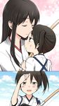  akagi_(kantai_collection) blush bow_(weapon) brown_eyes brown_hair cloud comic crying crying_with_eyes_open day dirty_clothes dirty_face forehead_kiss hand_on_own_forehead highres japanese_clothes kaga_(kantai_collection) kantai_collection kiss long_hair mentai_mochi multiple_girls side_ponytail sky smile straight_hair tasuki tears weapon younger 