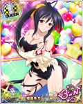  balloon bare_shoulders barefoot black_dress black_hair blush breasts bridal_gauntlets card_(medium) character_name chess_piece cleavage covered_nipples dress hair_ribbon high_school_dxd high_school_dxd_born himejima_akeno kneeling large_breasts long_hair long_ponytail official_art ponytail purple_eyes queen_(chess) ribbon smile solo torn_clothes trading_card very_long_hair 