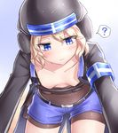  ? armband belt blonde_hair blue_eyes breasts collarbone commentary_request downblouse gradient gradient_background helmet highres jacket long_sleeves navel neit_ni_sei original pala_bergsson shirt short_hair shorts small_breasts solo spoken_question_mark tight_shirt 