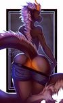  2016 anthro anus breasts butt clothing dragon ear_piercing female horn junebuq looking_back nashira nipples piercing pussy shorts smile solo 