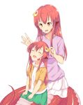  :d ^_^ absurdres artist_request child closed_eyes fang hair_ornament hairclip happy highres if_they_mated jewelry lamia long_hair miia_(monster_musume) monster_girl monster_musume_no_iru_nichijou mother_and_daughter multiple_girls open_mouth orange_eyes pointy_ears red_hair ring scales shirt sitting sitting_on_lap sitting_on_person skirt smile source_request t-shirt transparent_background wedding_band 