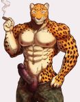  5_fingers abs anthro athletic balls biceps big_balls big_pecs big_penis brown_fur charr_(maririn) cigar clothed clothing erection feline fur humanoid_penis leopard looking_at_viewer male mammal manly maririn muscular muscular_male navel nipples orange_fur pants_down partially_clothed pecs penis pink_nipples pink_nose simple_background smoke smoking solo spots standing topless vein veiny_penis whiskers white_fur 