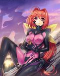  absurdres ahoge artist_request blush bodysuit bow breasts building covered_navel covered_nipples hair_bow hair_intakes highres holding impossible_bodysuit impossible_clothes kagami_sumika knee_up large_breasts long_hair looking_at_viewer low_ponytail mecha muvluv muvluv_alternative non-web_source official_art open_mouth pilot_suit ponytail red_eyes red_hair ruins shiny shiny_clothes shiny_hair sitting skin_tight solo stuffed_animal stuffed_bunny stuffed_toy sunset very_long_hair 