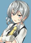  asymmetrical_hair blue_background blue_eyes blush crossed_arms embarrassed flipped_hair gloves grey_hair hair_between_eyes highres kamelie kantai_collection looking_at_viewer necktie nowaki_(kantai_collection) revision school_uniform short_hair short_sleeves simple_background solo sweatdrop vest white_gloves yellow_neckwear 