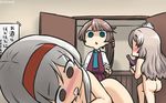  ass blush bottle brown_hair commentary dated drooling drunk hairband hamu_koutarou highres indoors kantai_collection kazagumo_(kantai_collection) leg_lift light_brown_hair long_hair looking_at_another lying multiple_girls nose_blush nude on_side open_door open_mouth pola_(kantai_collection) ponytail sake_bottle school_uniform shaded_face shoukaku_(kantai_collection) signature silver_hair thighs very_long_hair 