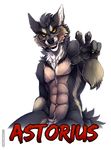  2016 5_fingers abs anthro astorius athletic canine claws digital_media_(artwork) front_view fur grey_fur grey_hair grey_nose grin hair half-length_portrait hi_res inner_ear_fluff looking_at_viewer male mammal multicolored_fur name_badge nude pecs portrait signature simple_background solo tan_fur tazara teeth white_background white_fur wolf yellow_eyes 