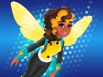  1girl brown_eyes bumble_bee dark_skin dc_comics honeycomb_pattern insect_wings karen_beecher open_mouth smile solo two-tone_hair vambraces wings 