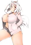  :3 animal_ears blush breasts cleavage commentary_request covered_nipples fang fang_out hands_in_pockets hat highres hood hoodie huge_breasts inubashiri_momiji looking_at_viewer naked_hoodie pom_pom_(clothes) red_eyes shishi_juuroku short_hair skindentation smile solo tail thick_eyebrows thick_thighs thighs tokin_hat touhou white_hair wolf_ears wolf_tail zipper 