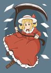  blonde_hair boots brown_footwear chii-kun_(seedyoulater) dress elly frilled_dress frills hat hat_ribbon holding holding_scythe holding_weapon long_sleeves red_dress red_ribbon ribbon scythe short_hair simple_background smile solo touhou touhou_(pc-98) weapon white_hat yellow_eyes 