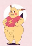  animal_genitalia anthro anthrofied balls barefoot blush bottomless clothed clothing ero_(character) eroborus flat_colors front_view fully-sheathed looking_away male mammal nintendo overweight overweight_male pikachu pok&eacute;mon rodent sheath solo t-shrt video_games 