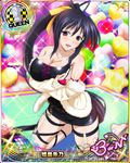  :d balloon bare_shoulders barefoot black_dress black_hair blush breasts bridal_gauntlets card_(medium) character_name chess_piece cleavage covered_nipples dress hair_ribbon high_school_dxd high_school_dxd_born himejima_akeno kneeling large_breasts long_hair long_ponytail official_art open_mouth ponytail purple_eyes queen_(chess) ribbon smile solo trading_card very_long_hair 